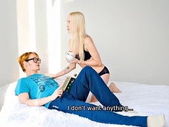 PORN. The guy satisfies the blondes step behind her boyfriend, who is resting on the bed