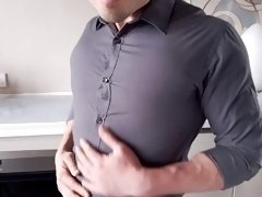 Husband comes home from work, shirt was too tight, veins popping cum eating